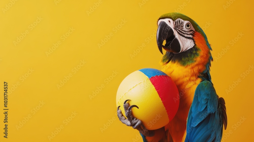 Canvas Prints A colorful parrot holding a beach ball against a bright yellow background.