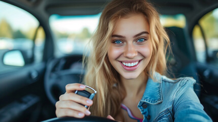 Keys in hands. Beautiful woman is indoors with the modern car.vehicle purchase concept