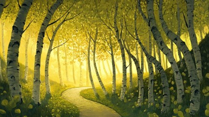 Serene forest path illuminated by soft light, surrounded by vibrant trees.