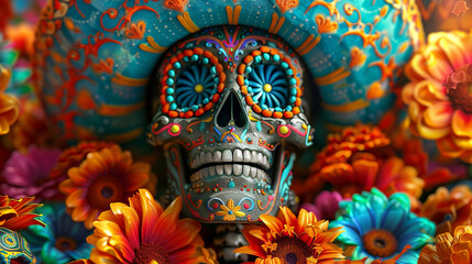 Obraz premium illustration of Mexican dia del Muertos sugar skull with face paint, day of the dead celebration, spooky spanish concept