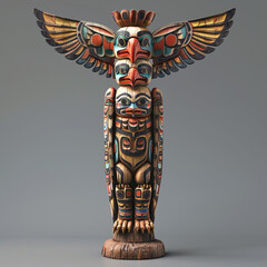 Beautifully carved & colorfully painted First Nations totem pole, native american heritage concept