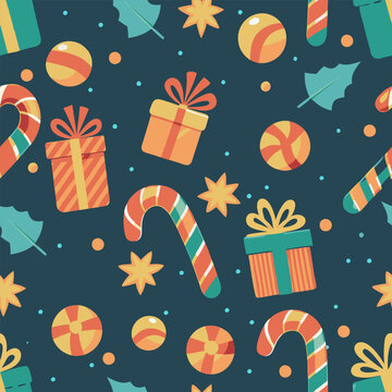 presens, christmas ornaments, candy cane, vector seamless pattern