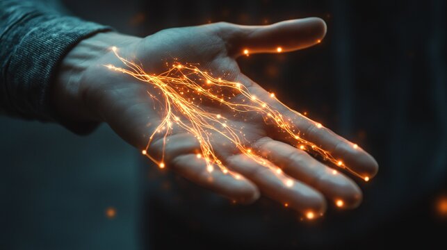 A close-up of a hand illustrates tingling sensations with luminous lines, embodying neural energy.