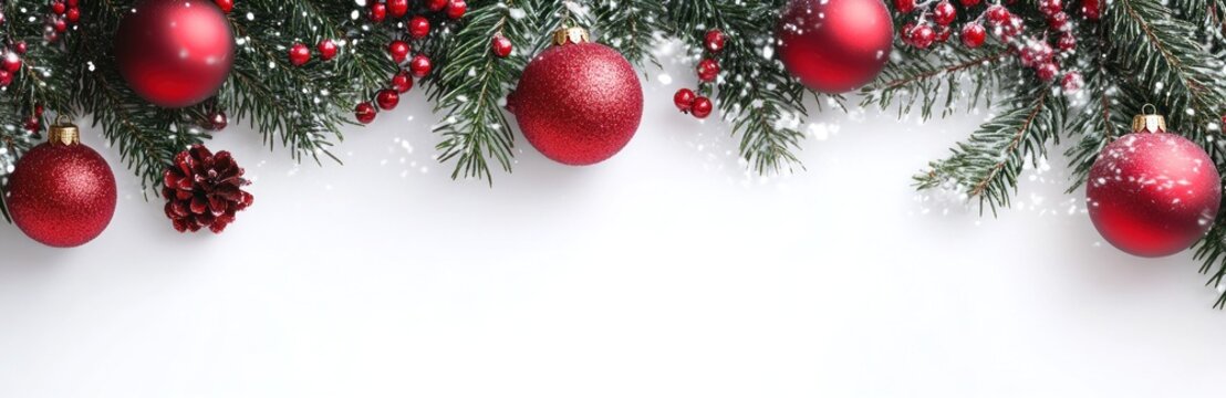 Long Christmas banner with red ornaments and fir branches on white background. Seasonal decor. Banner.