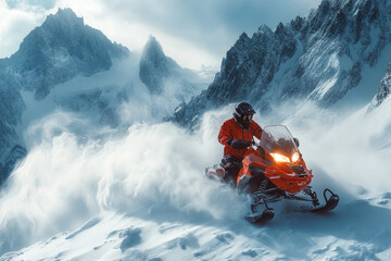 In deep snowdrift snowmobile rider man driving fast. Riding with fun in white snow during backcountry tour. Extreme sport adventure, outdoor activity during winter holiday on ski mountain resort.
