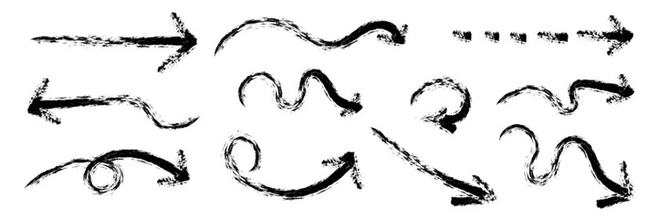 Black arrows of different shapes drawn by hand. Vector pointers with brushes.