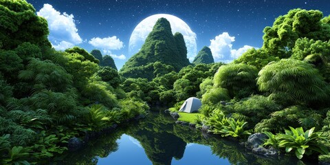 Camping by a Tranquil River Under a Full Moon and Starry Sky