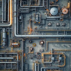 Fototapeta premium Overhead view of a complex network of industrial pipes, tanks, and machinery, highlighting the intricate infrastructure of modern industry.