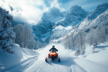 In deep snowdrift snowmobile rider man driving fast. Riding with fun in white snow during backcountry tour. Extreme sport adventure, outdoor activity during winter holiday on ski mountain resort.