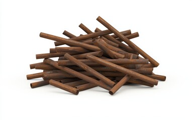 A pile of industrial steel rods, their surfaces slightly weathered, isolated on a white background