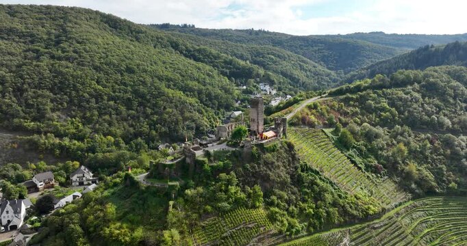 Castle Metternich, Historical landmark in Beilstein, Germany. Aerial drone video.