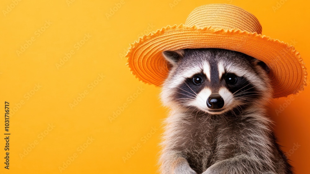 Canvas Prints A raccoon wearing a straw hat against a bright orange background.