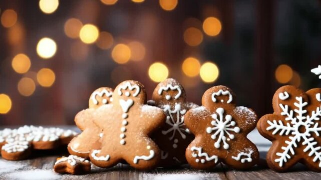 Christmas gingerbread man and gingerbread cookie. Gingerbread cookies against a background of festive golden bokeh.hristmas baking, sweets. Hand decorated.