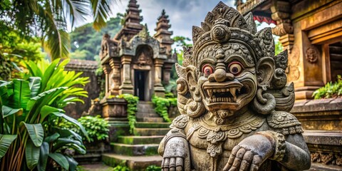 Fototapeta premium Traditional Balinese Demon Guard Statue in Vintage Style Photography for Cultural Exploration