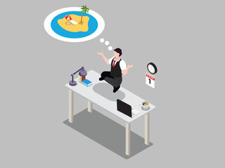 An isometric illustration of a man levitating above his desk, daydreaming about a tropical beach vacation. His mind is filled with images of palm trees, a beach umbrella, and a sun lounger