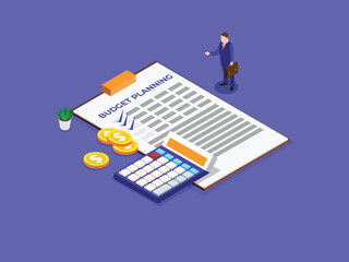 An isometric illustration depicting a businessman standing near a clipboard labeled "BUDGET PLANNING." A calculator, coins, and a potted plant are also present.
