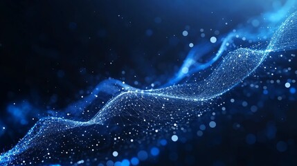 Abstract blue wave of connected particles with bokeh effect on a dark background.