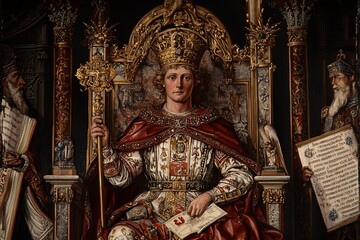 Fototapeta premium Saint Louis IX is portrayed in majestic robes on a lavish throne, wielding a golden scepter amidst a backdrop of historical relics and scrolls.