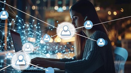 A young woman is focused on her laptop, wearing headphones as she communicates remotely. The background features a vibrant urban setting illuminated at night, highlighting connection graphics. - Powered by Adobe