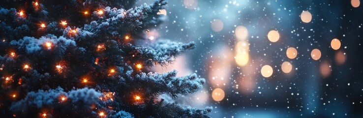 Fototapeta premium Holiday banner with snow-dusted Christmas tree, glowing lights, and festive winter scene. Winter celebration and decoration. Banner.