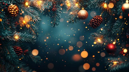 Fototapeta premium Decorative Christmas tree branches adorned with ornaments and warm lights create a festive atmosphere for the holiday season