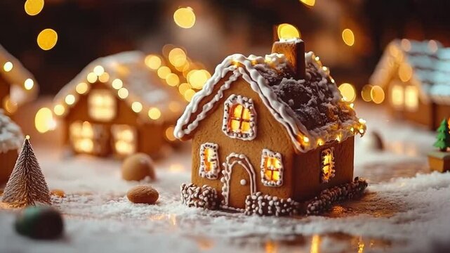 Delicious gingerbread houses decorated with white icing are sitting on a table with christmas ornaments.Festive baking