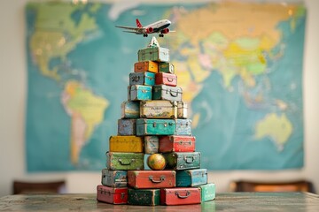 Creative travel-themed display of colorful vintage suitcases with a miniature airplane and globe against a world map backdrop