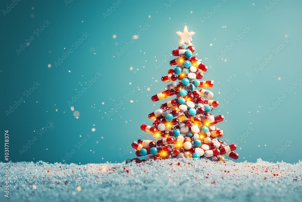 Wall mural colorful candy christmas tree decorated with stars and lights on a snowy surface against a blue back