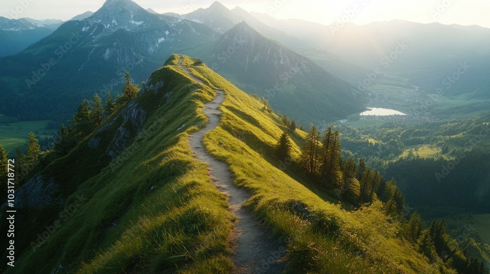 Poster A scenic mountain path winding through lush greenery at sunset.