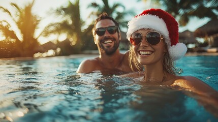 Happy couple enjoying a festive holiday swim in a tropical pool wearing Christmas hats at sunset
