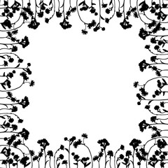 Frame with black silhouette flowers on white background.