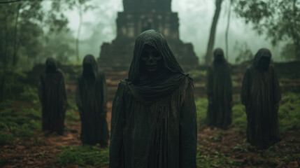 In front of a terrifying ancient ruin, a group of hollow-eyed ghosts lingers, their expressionless faces heightening the sense of dread.