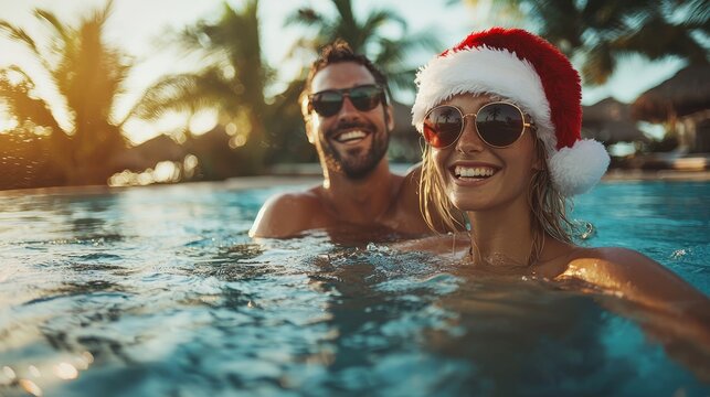 Happy couple enjoying a festive holiday swim in a tropical pool wearing Christmas hats at sunset