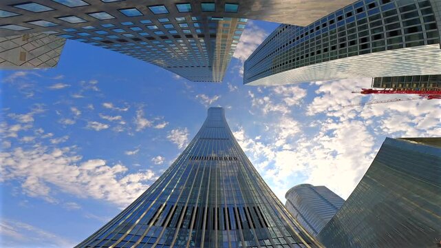 Looking up at the high-rise buildings in the city, the development of Chinese cities，High rise urban buildings, modern high-end office buildings, and commercial office buildings in Beijing, China