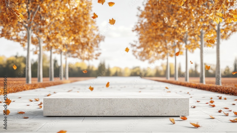 Wall mural A serene autumn scene with falling leaves and a minimalist platform on a pathway.