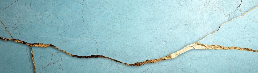 Abstract background featuring a blue wall with a crack and golden veins, ideal for artistic or architectural designs.