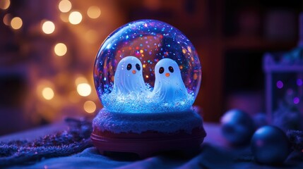 A glowing Halloween snow globe with glittering ghosts inside, shimmering with holiday lights and swirling snowflakes, showcasing the spirit of the season.