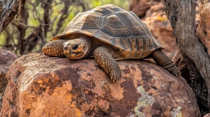 A tortoise resting on a rock in a natural environment.