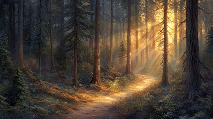 Obraz premium A tranquil forest scene with sunlight filtering through tall trees, illuminating a winding path.