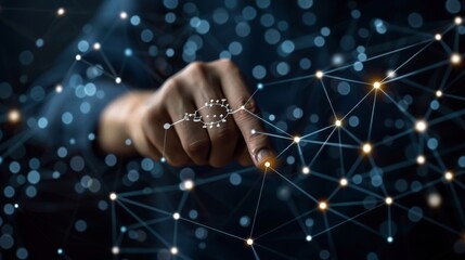 Exploring the interconnectedness of technology as a hand engages with a digital network of lights and lines at night