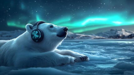 Fototapeta premium Polar Bear Enjoying the Serene Sounds of the Arctic Aurora Borealis