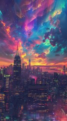 Obraz premium A vibrant sunset over New York City with a cosmic sky and city skyline highlighted by colorful clouds