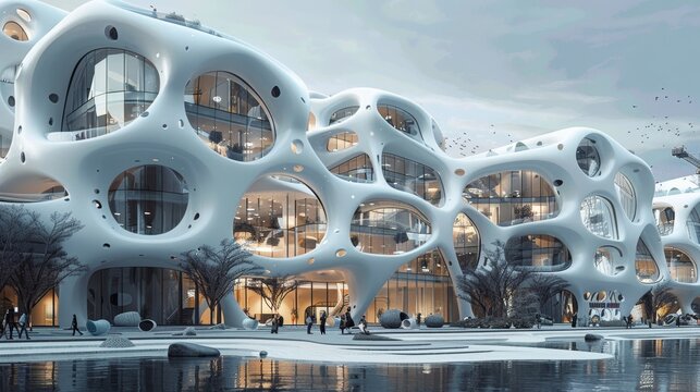 Modern architectural design featuring organic shapes and large openings near a body of water in a tranquil urban setting