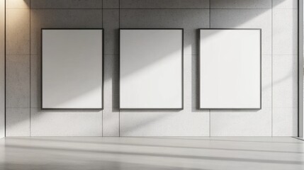 Obraz premium Contemporary Art Display: Three White Frames Against a Blank Concrete Wall, Emphasizing Minimalism and Elegance