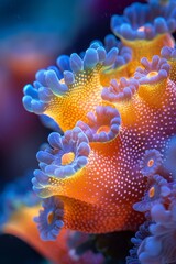 Colorful coral polyps thrive in a vibrant reef ecosystem, showcasing intricate structures under soft sunlight in clear waters