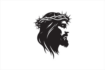 Minimalist Black Silhouette of Jesus Christ with Crown of Thorns  Clean Line Art 10.eps