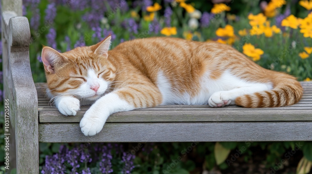 Poster A relaxed orange and white cat sleeping on a wooden bench amidst colorful flowers.