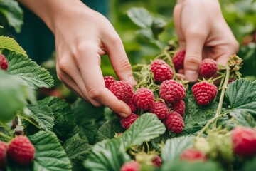 Freshly picked raspberries glisten in the sunlight. Delicate hands gently gather ripe fruit surrounded by vibrant green leaves. Perfect for farmers markets or organic products. Generative AI