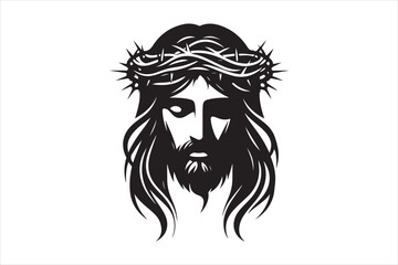 Minimalist Black Silhouette of Jesus Christ with Crown of Thorns  Clean Line Art 12.eps