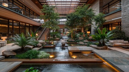 Elegant indoor garden with water features and lush greenery in a modern architectural space